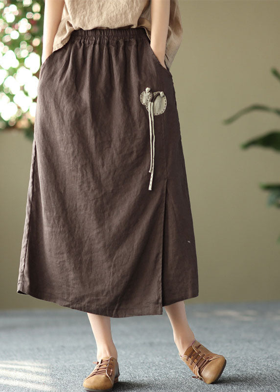 Chocolate Elastic Waist Side Open Linen a Line Skirts Summer