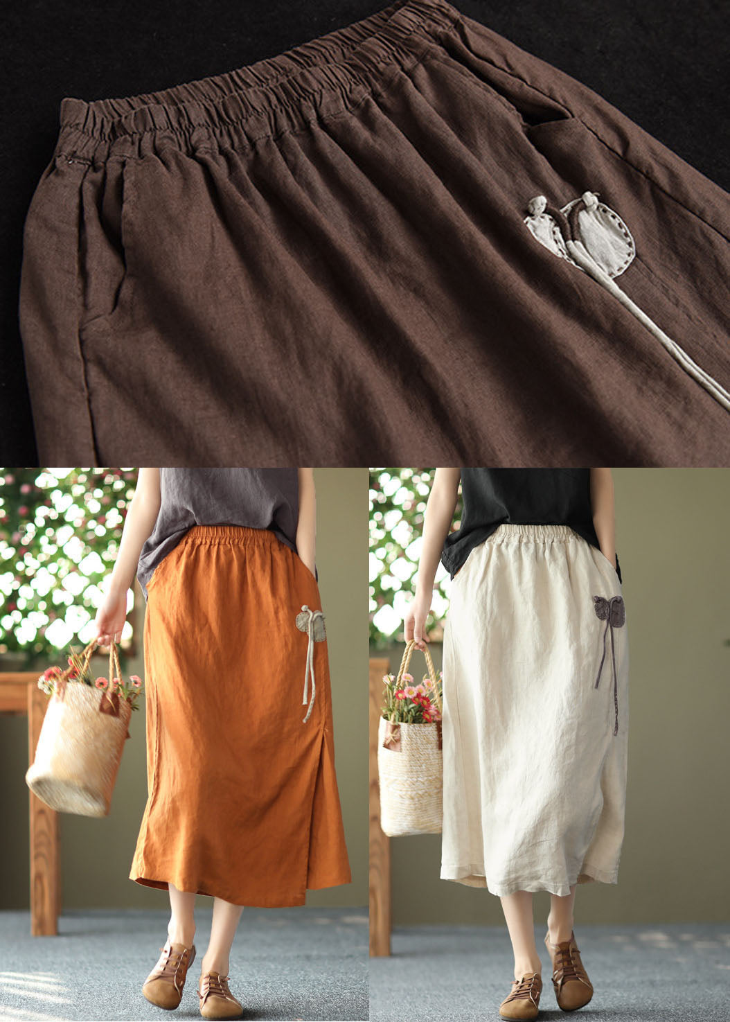 Chocolate Elastic Waist Side Open Linen a Line Skirts Summer