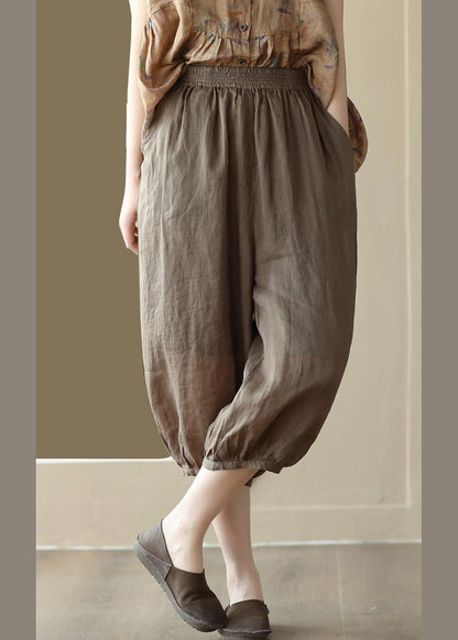 Coffee Elastic Waist Ramie Crop Pants