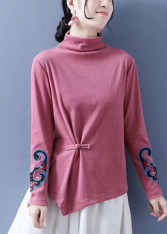 Chocolate Embroideried Ammetrical Design Chinese Button Cotton Tops Spring