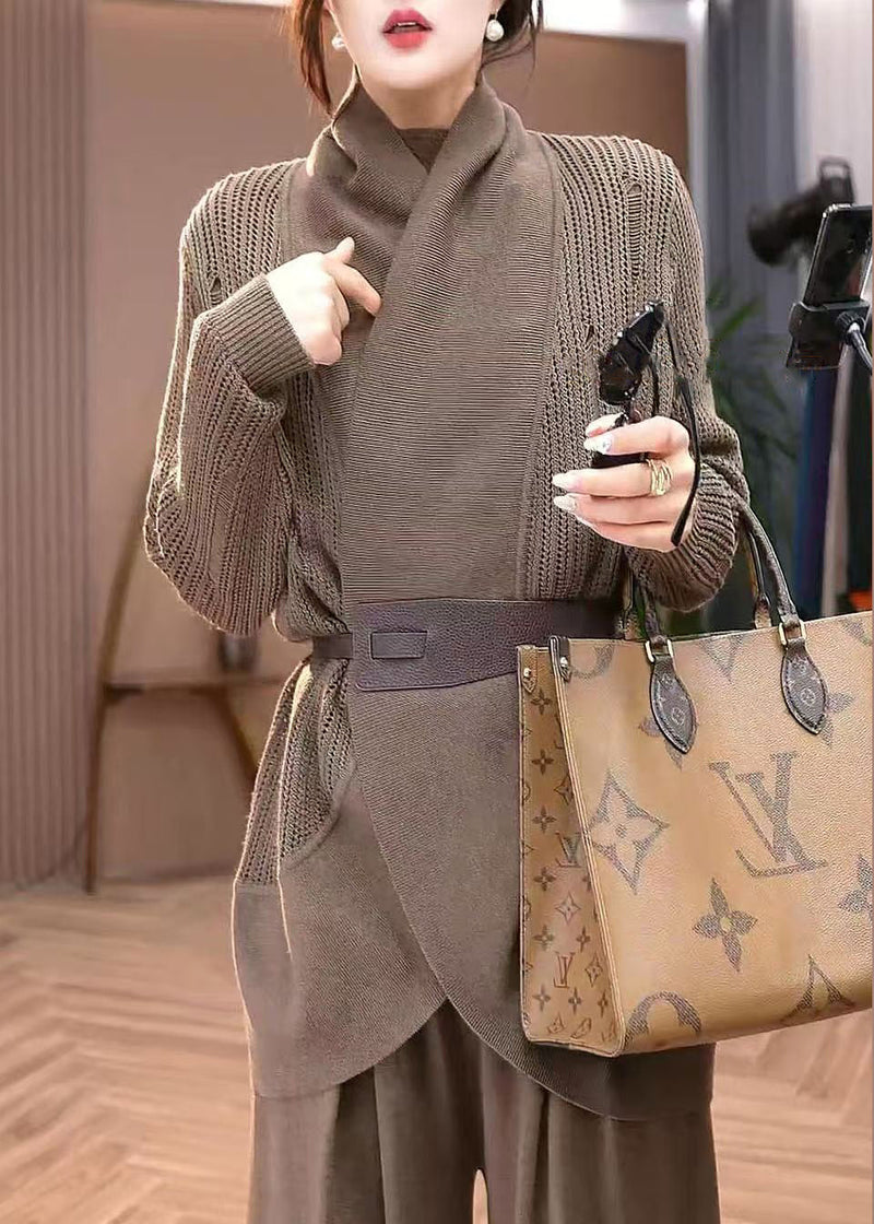 Coffee Hollow Out Knit Cardigans Winter