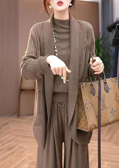 Coffee Hollow Out Knit Cardigans Winter