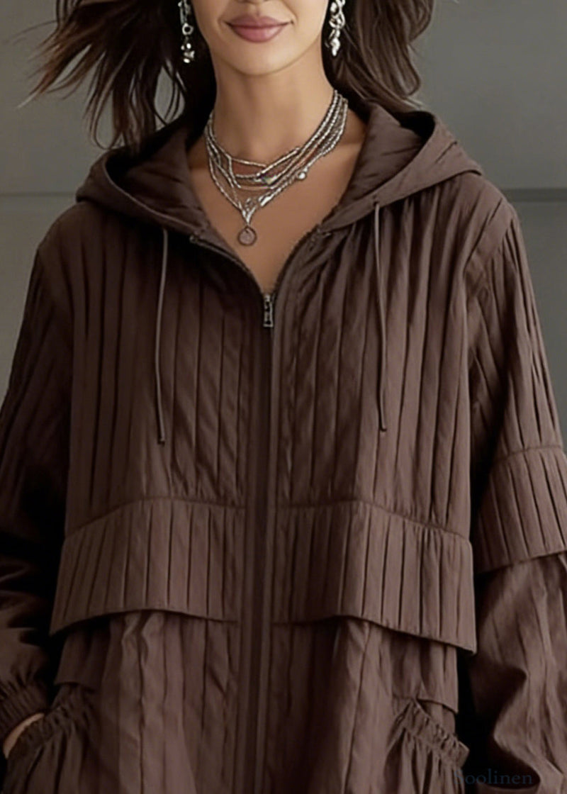 Coffee Hooded Pockets Drawstring Fine Cotton Filled Coat