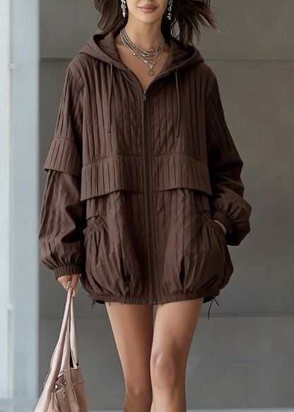 Coffee Hooded Pockets Drawstring Fine Cotton Filled Coat