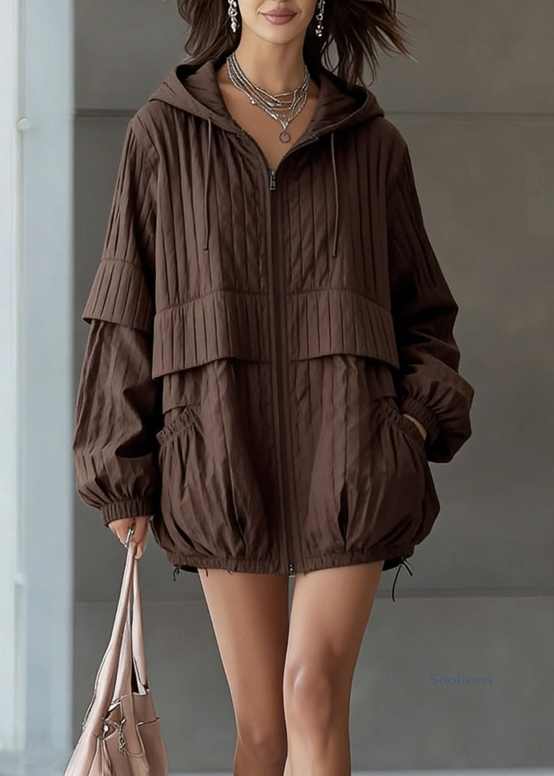 Coffee Hooded Pockets Drawstring Fine Cotton Filled Coat