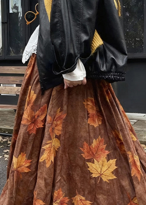 Coffee Leaves Print High Waist Cotton Skirt Spring