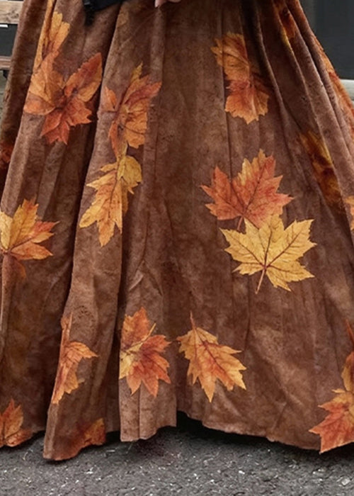 Coffee Leaves Print High Waist Cotton Skirt Spring