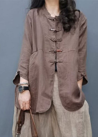 Chocolate Mandarin Collar Button Cotton Linen Coat Long Sleeve