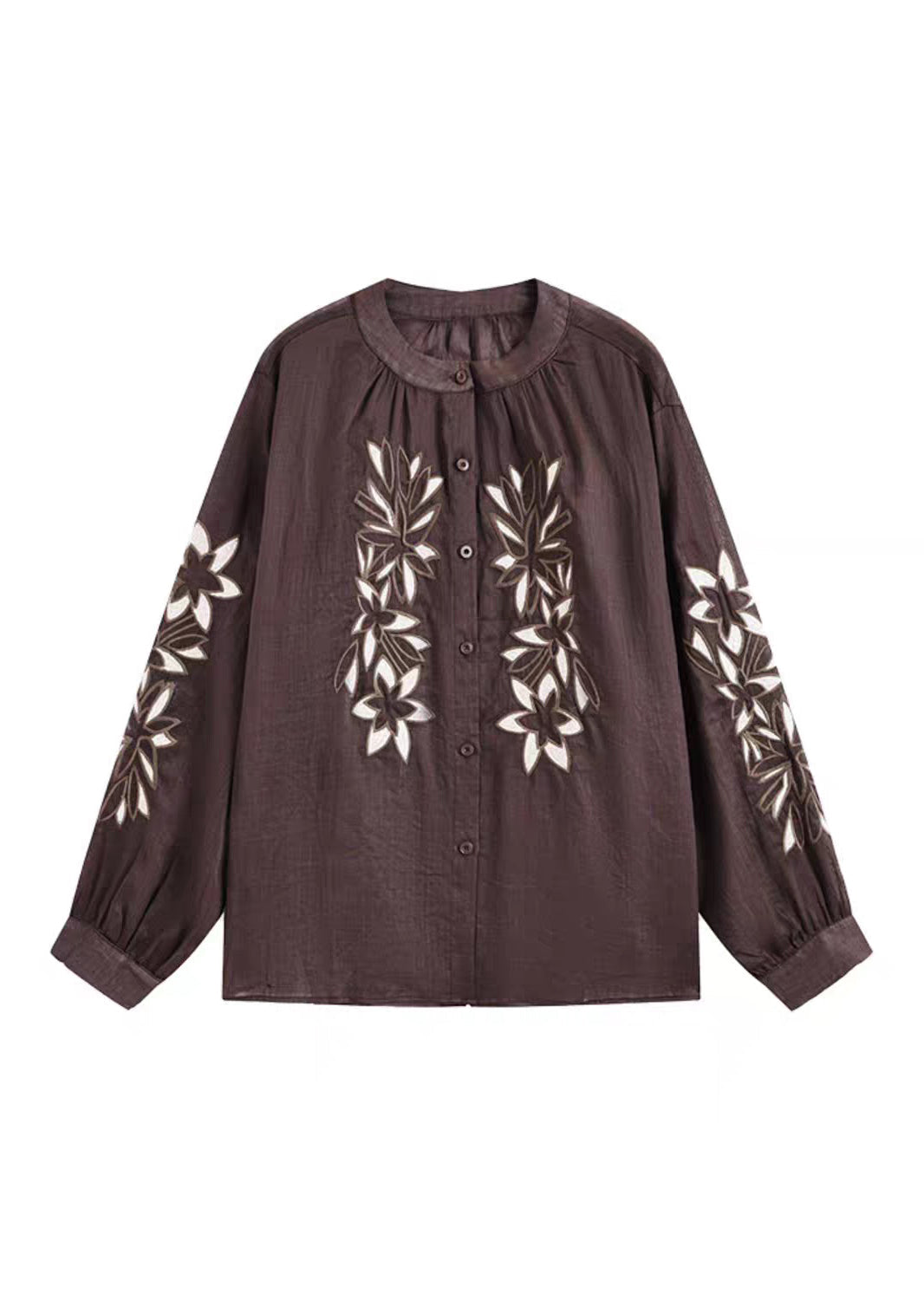 Vintage Coffee O-Neck Button Embroidered Ramie Shirt Spring