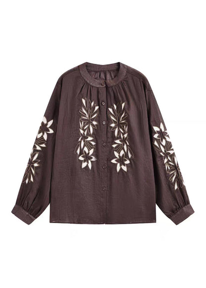 Vintage Coffee O-Neck Button Embroidered Ramie Shirt Spring