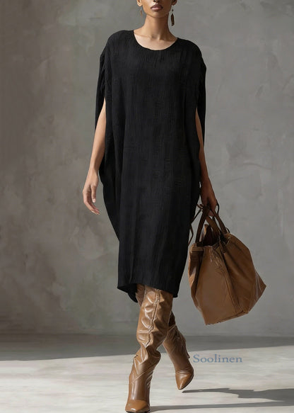 Coffee O Neck Oversized Silk Cotton Dress Batwing Sleeve