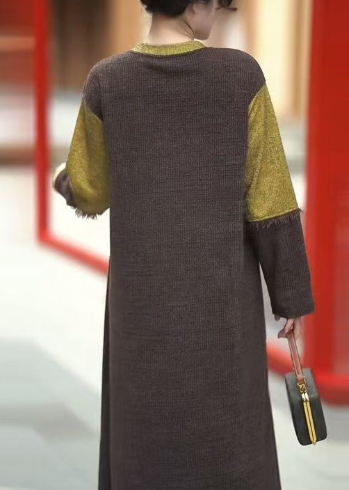 Coffee O-neck Patchwork Knit Dress Winter