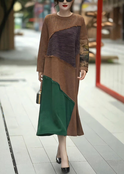 Coffee O Neck Patchwork Knit Long Dress Winter