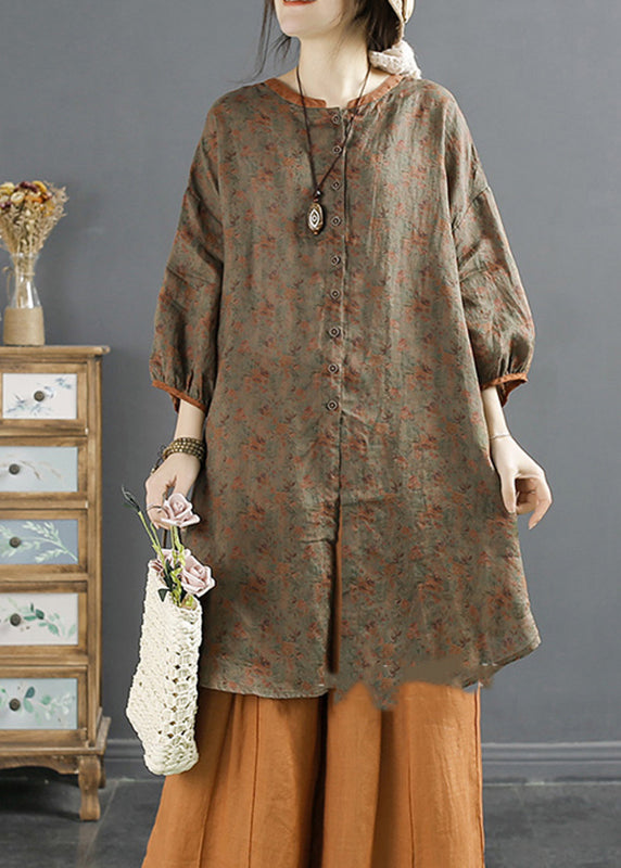 Coffee O-neck Print Button Ramie Top Long Sleeve