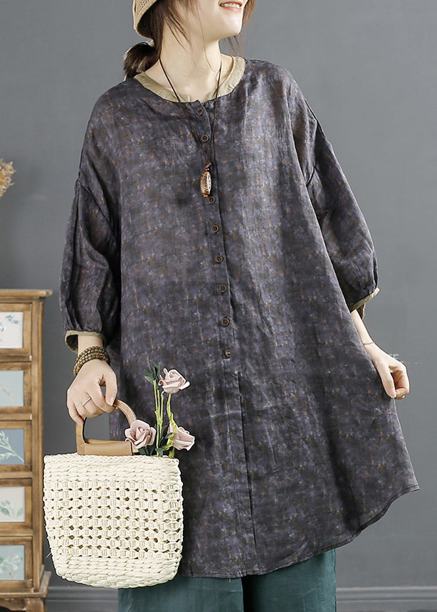 Coffee O-neck Print Button Ramie Top Long Sleeve