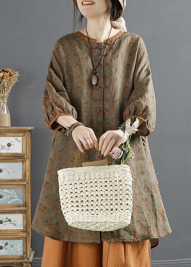 Coffee O-neck Print Button Ramie Top Long Sleeve