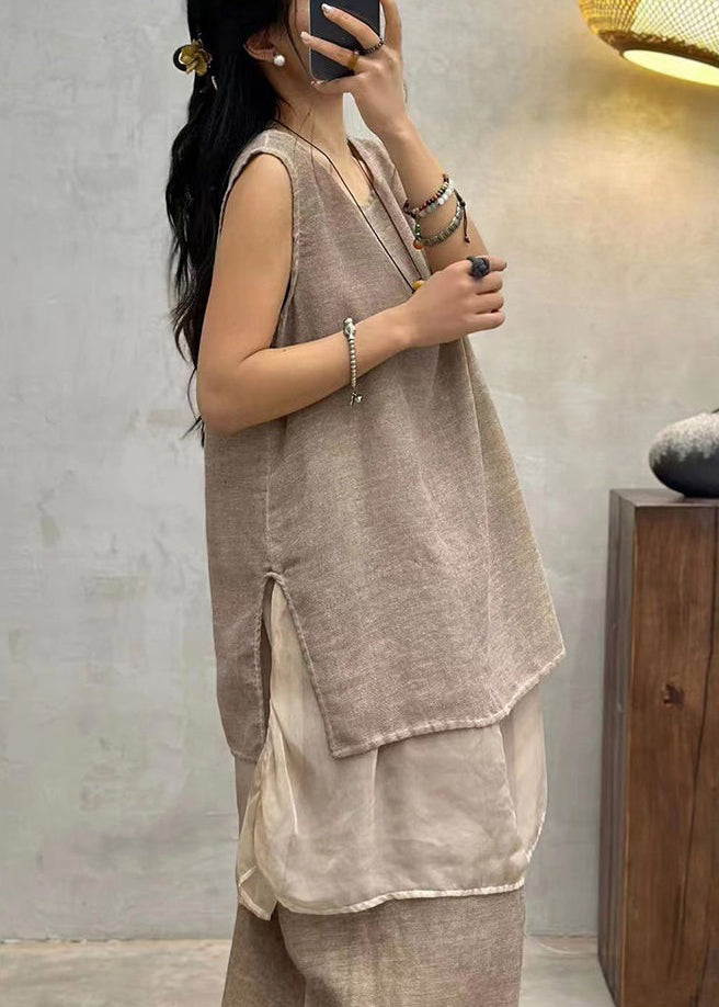Coffee O Neck Patchwork Cotton Tops Sleeveless