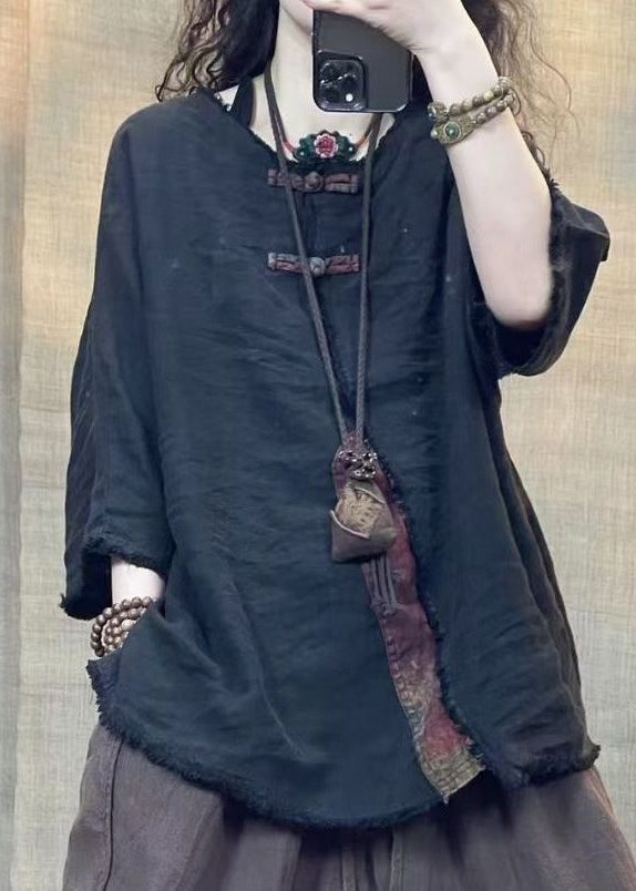 Coffee O Neck Patchwork Linen Shirts Bracelet Sleeve