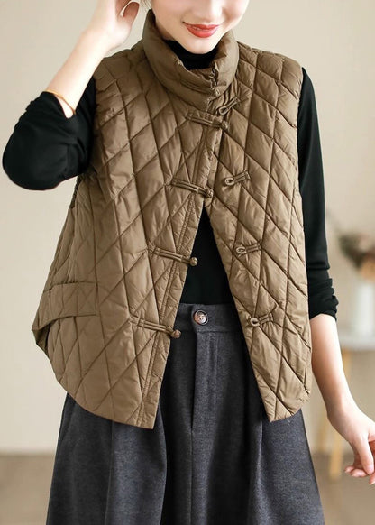 Coffee Oriental Button Fine Cotton Filled Vest Sleeveless