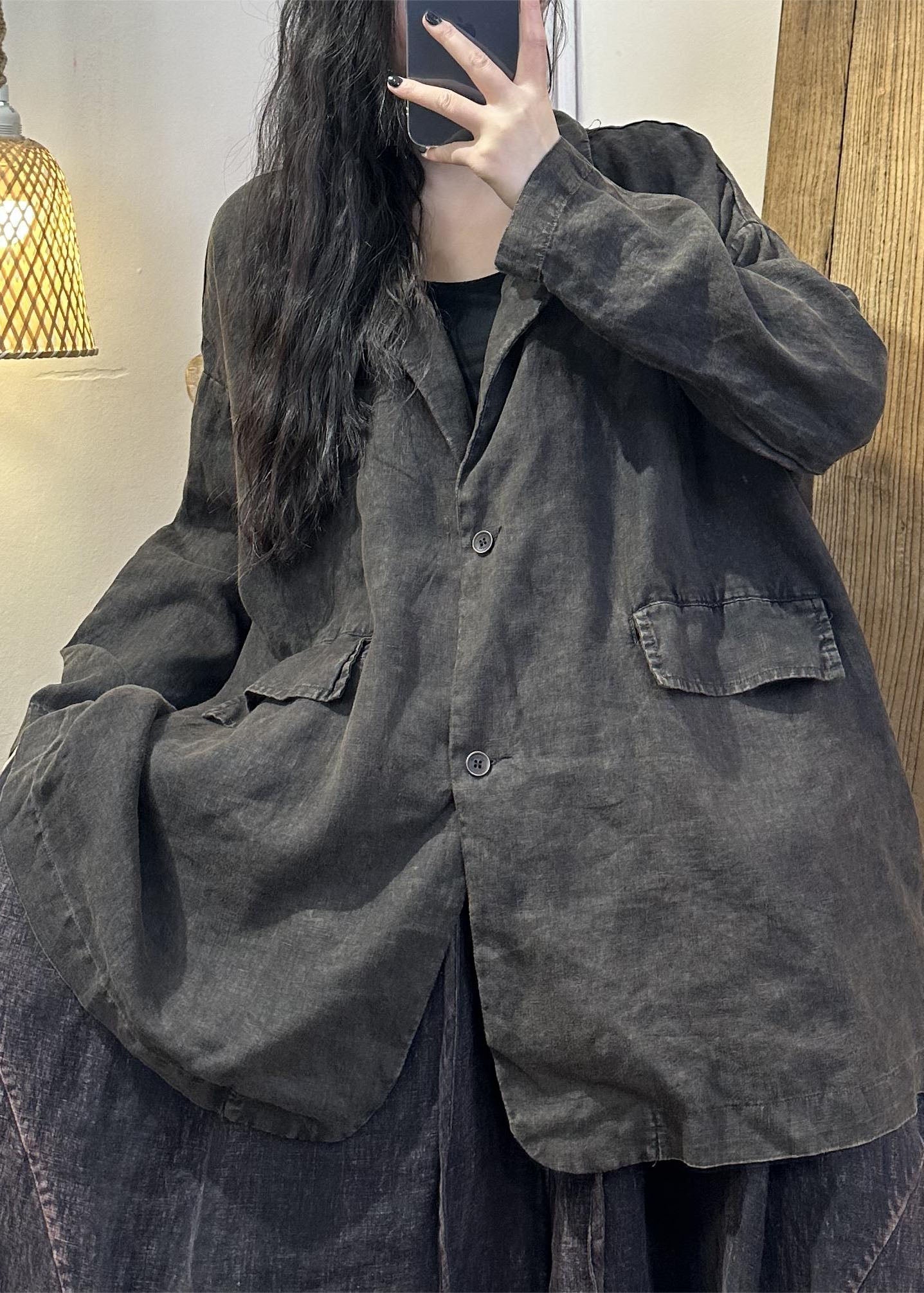 Coffee Patchwork Button Linen Coats Long Sleeve
