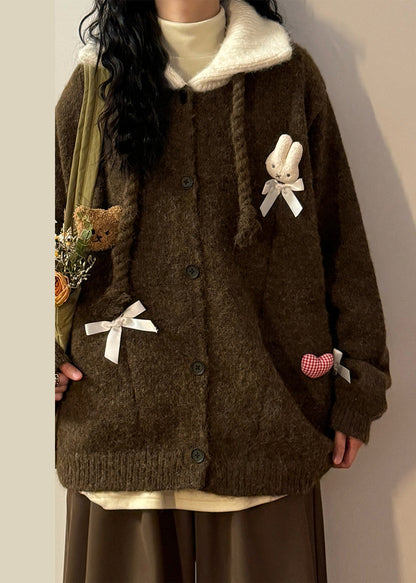 Coffee Peter Pan Collar Button Patchwork Knit Coats