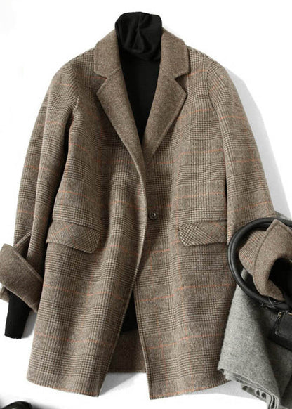 Chocolate Peter Pan Collar Plaid Woolen Coats Spring
