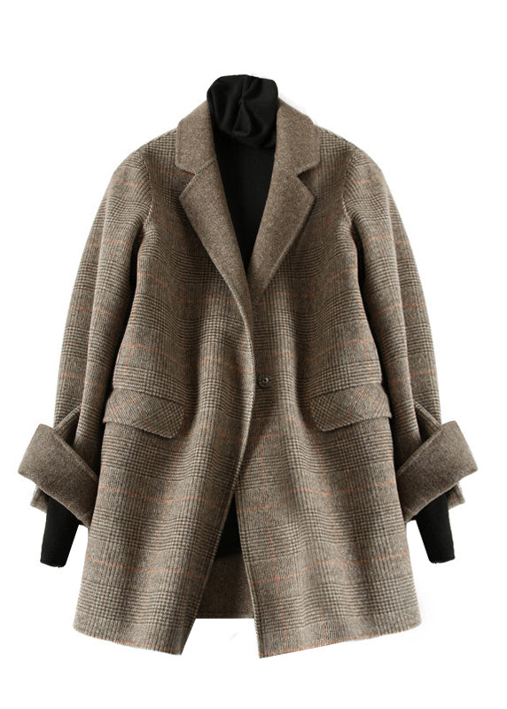 Chocolate Peter Pan Collar Plaid Woolen Coats Spring