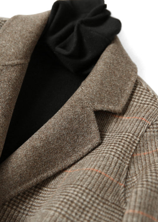 Chocolate Peter Pan Collar Plaid Woolen Coats Spring