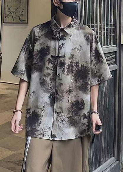 Coffee Peter Pan Collar Tie Dye Ice Silk Shirts Summer