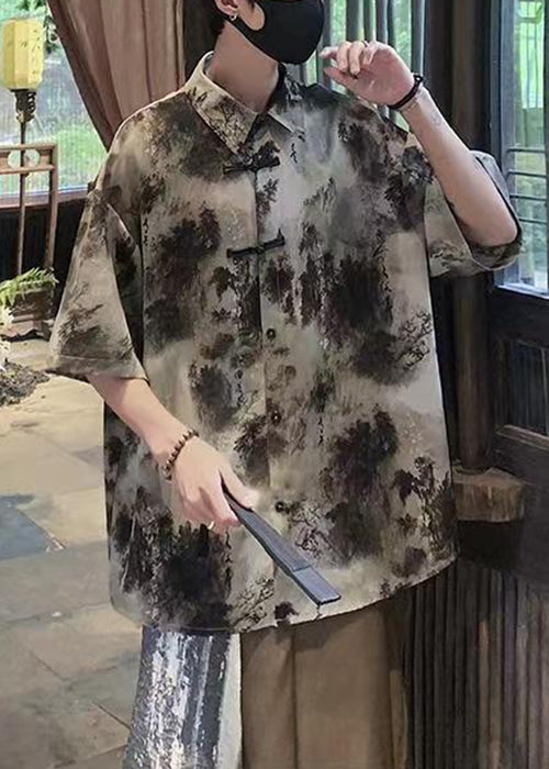 Coffee Peter Pan Collar Tie Dye Ice Silk Shirts Summer