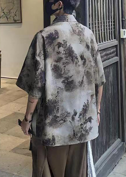 Coffee Peter Pan Collar Tie Dye Ice Silk Shirts Summer