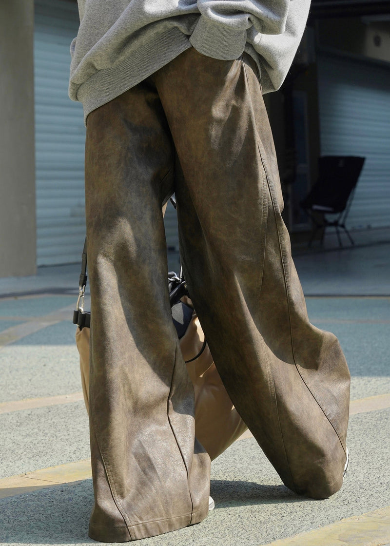 Coffee Pockets High Waist Faux Leather Wide Leg Pants Spring