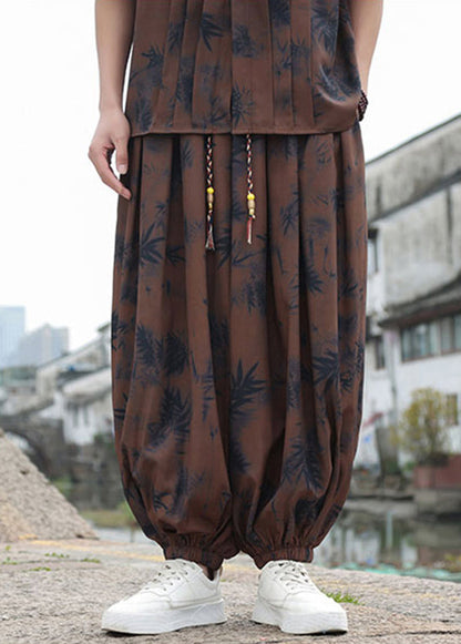 Coffee Pockets Print Elastic Waist Ice Silk Lantern Pants Summer