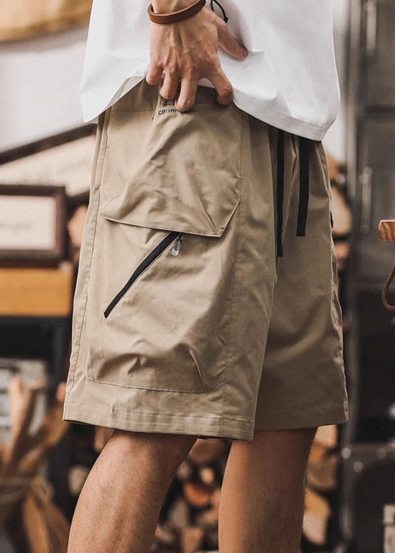 Coffee Pockets Zippered Elastic Waist Cotton Shorts Summer