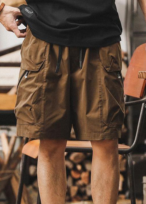 Coffee Pockets Zippered Elastic Waist Cotton Shorts Summer