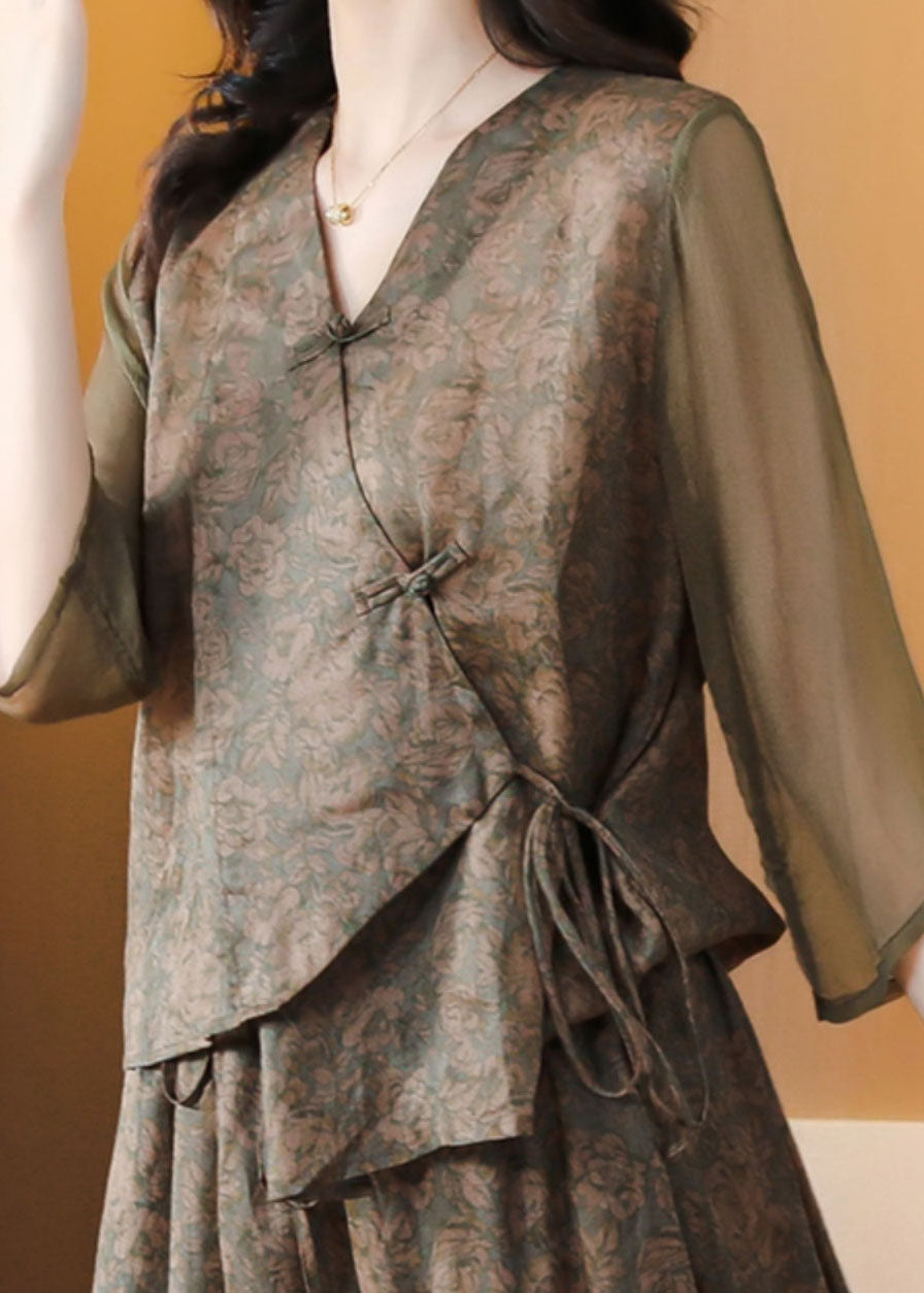 Coffee Print Chinese Button Lace Up Patchwork Linen Top Summer