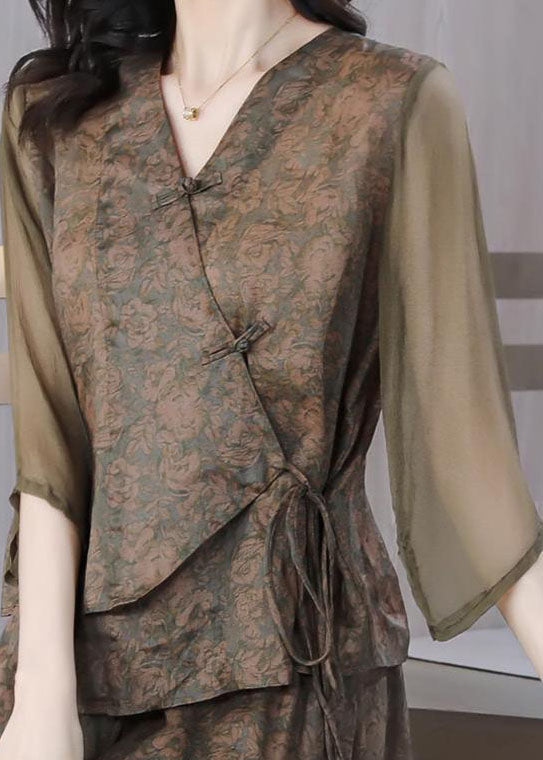 Coffee Print Chinese Button Lace Up Patchwork Linen Top Summer