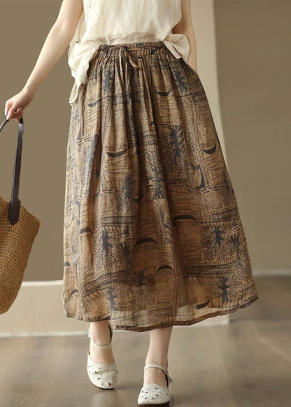 Coffee Print Cinched Patchwork Linen Skirts Summer