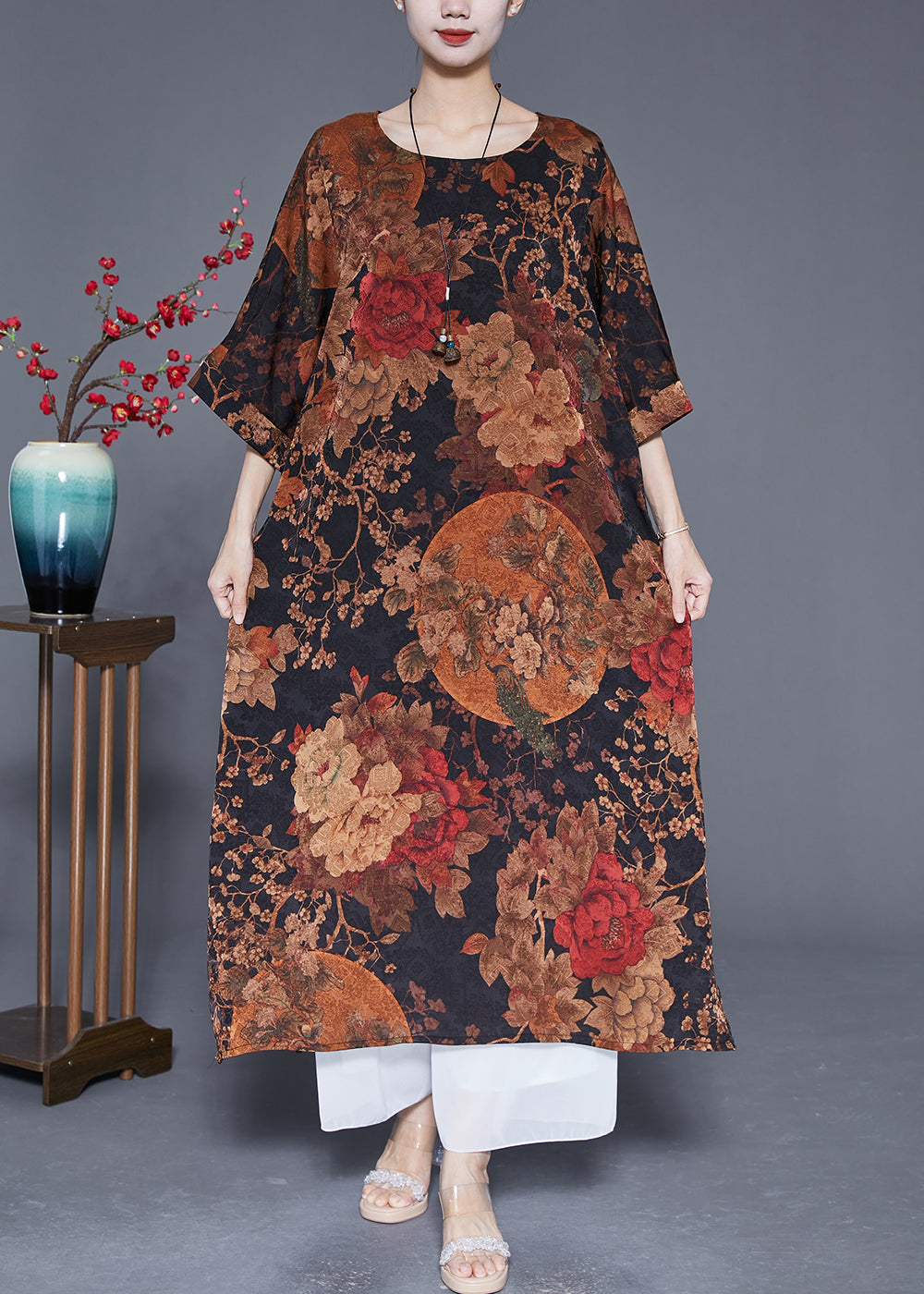 Coffee Print Patchwork Chinese Button Silk Vacation Dresses Summer