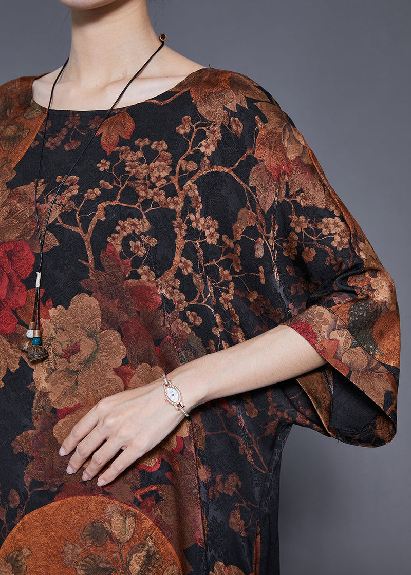 Coffee Print Patchwork Chinese Button Silk Vacation Dresses Summer