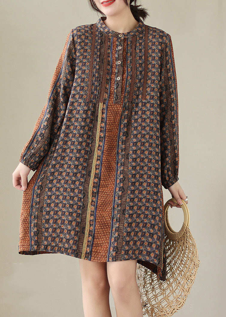 Coffee Print Patchwork Cotton Mid Shirts Dresses Spring
