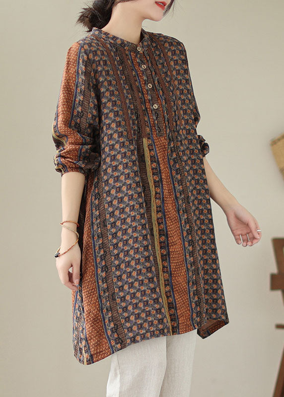 Coffee Print Patchwork Cotton Mid Shirts Dresses Spring