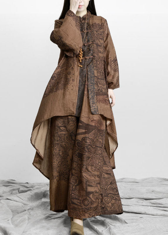 Coffee Print Patchwork Tops and Pants Silk Two Pieces Set Long Sleeve
