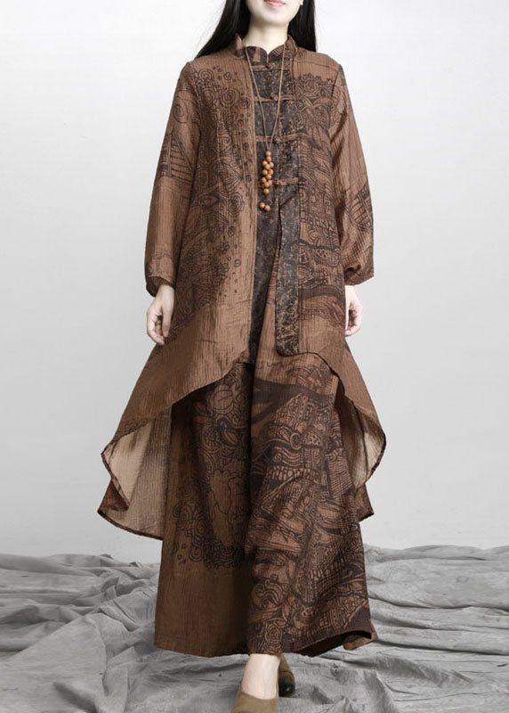 Coffee Print Patchwork Tops and Pants Silk Two Pieces Set Long Sleeve