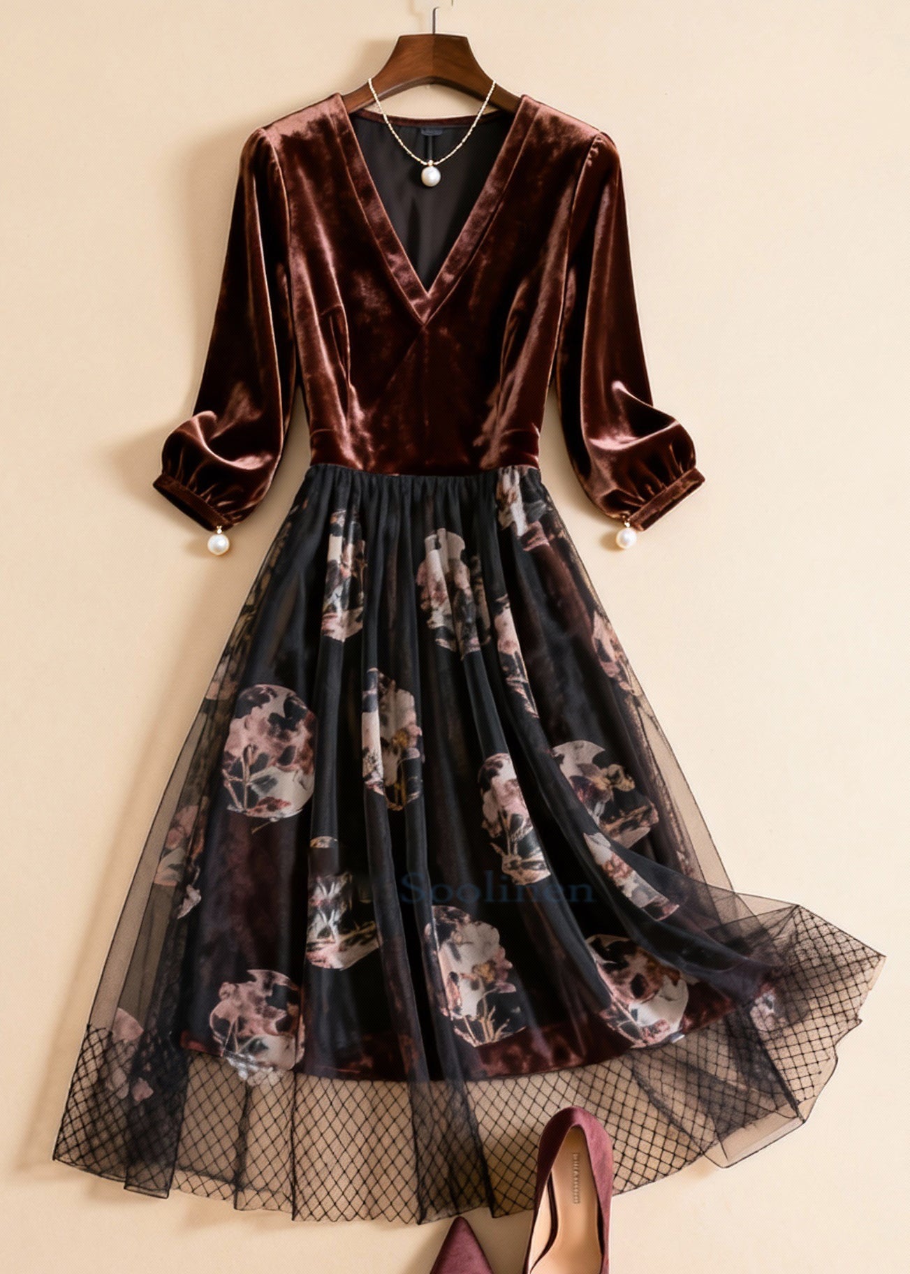 Coffee Print Pearl Tulle Patchwork Silk Velvet Dresses Bracelet Sleeve