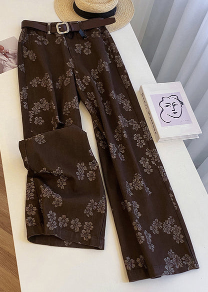 Coffee Print Pockets High Waist Denim Straight Pants Spring