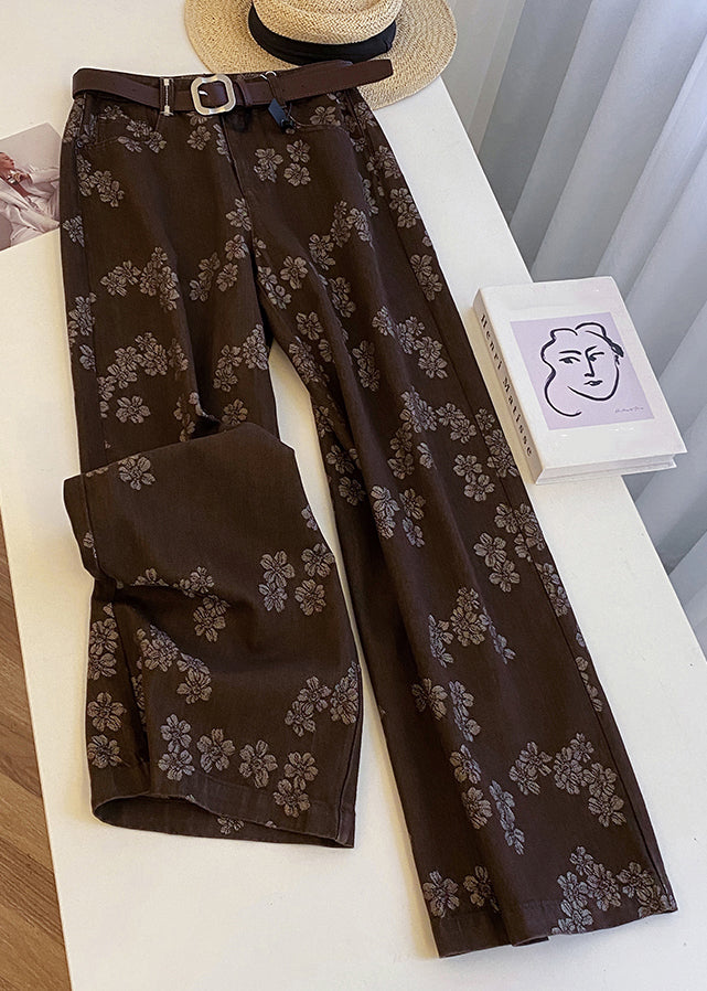 Coffee Print Pockets High Waist Denim Straight Pants Spring