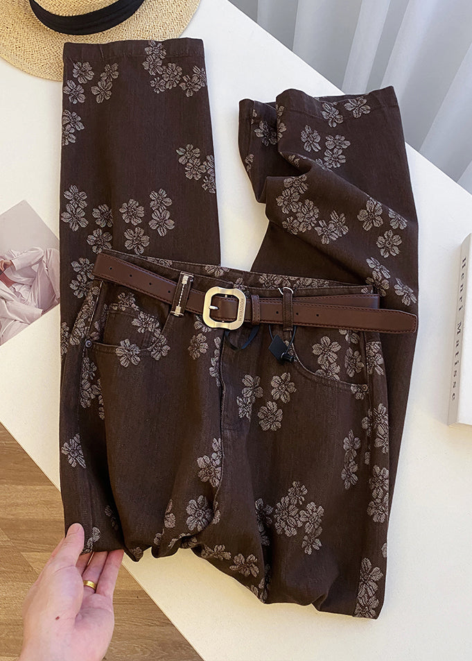 Coffee Print Pockets High Waist Denim Straight Pants Spring