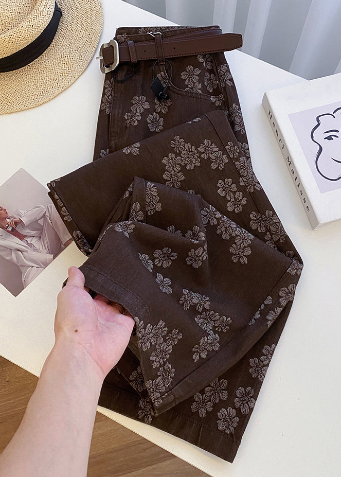 Coffee Print Pockets High Waist Denim Straight Pants Spring