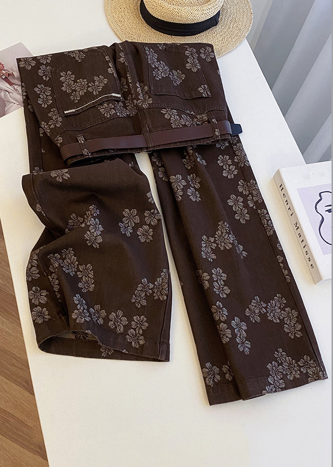 Coffee Print Pockets High Waist Denim Straight Pants Spring